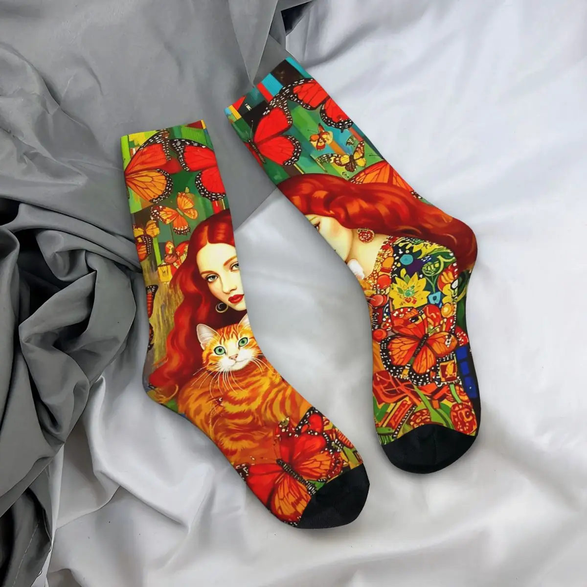 

Носки унисекс на все сезоны с принтом «Черная кошка» в богемном стиле, забавные длинные носки для мужчин и женщин, подарки на День святого Валентина