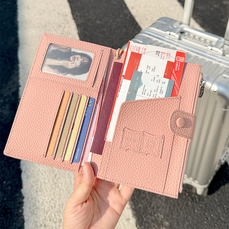 korean-style-portable-short-soft-leather-women's-passport-holder-multi-card-slot-integrated-design-large-capacity-wallet