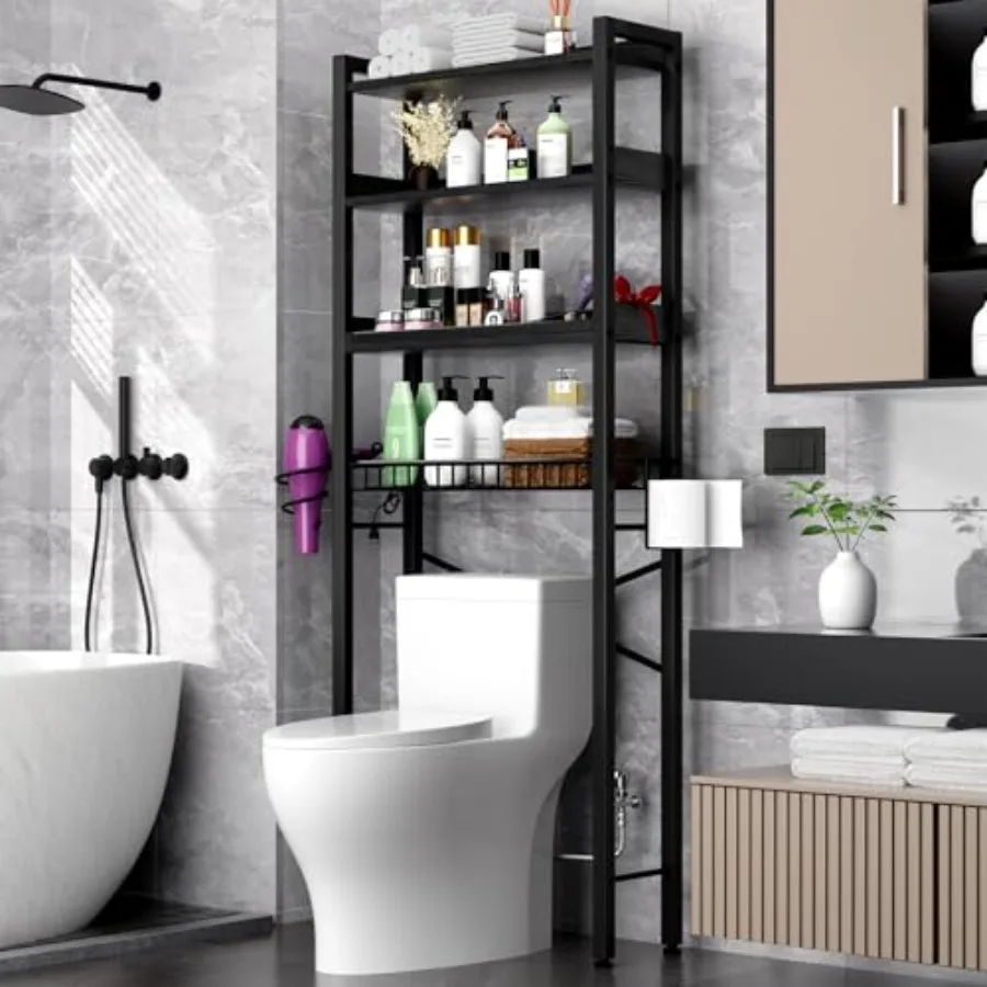 

Over The Toilet Storage Cabinet, 4 Tier Bathroom Organizer and Storage With Adjustable Shelf Waterproof Feet Pad and Basket Mul