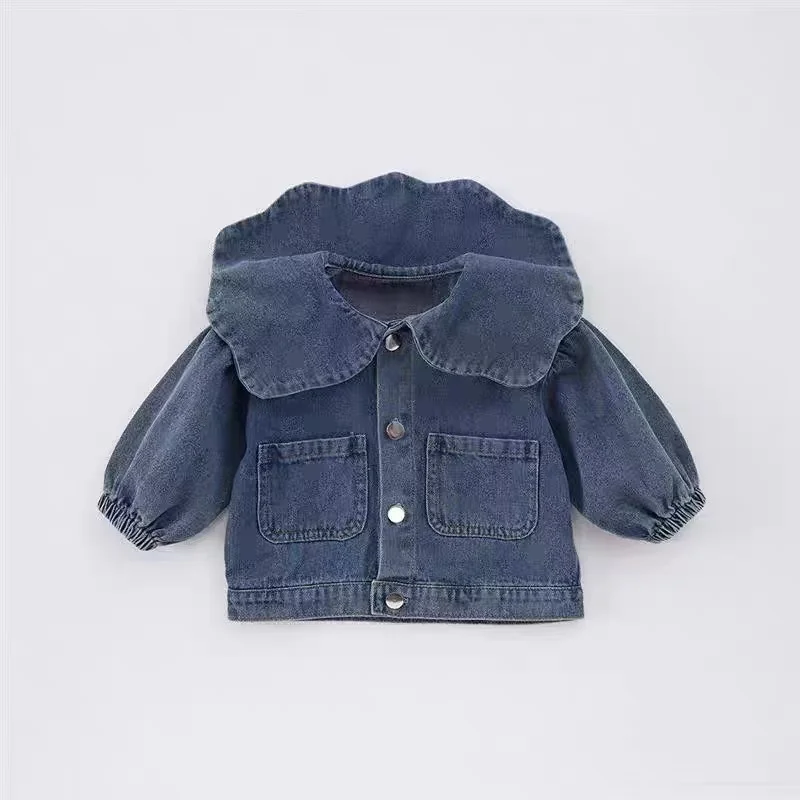 

Girl's Spring and Autumn Jacket Baby Girl's Western Style Flip Collar Bubble Sleeve Cowboy Top Girl's Single breasted Jacket