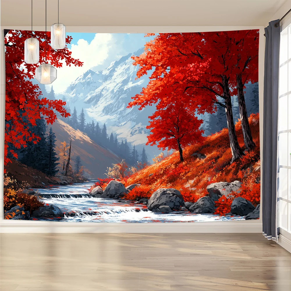 Autumn Mountain Stream Tapestry, Red Maple Trees Snowy Mountain Nature Landscape Wall Art for Bedroom Living Room Home Decor