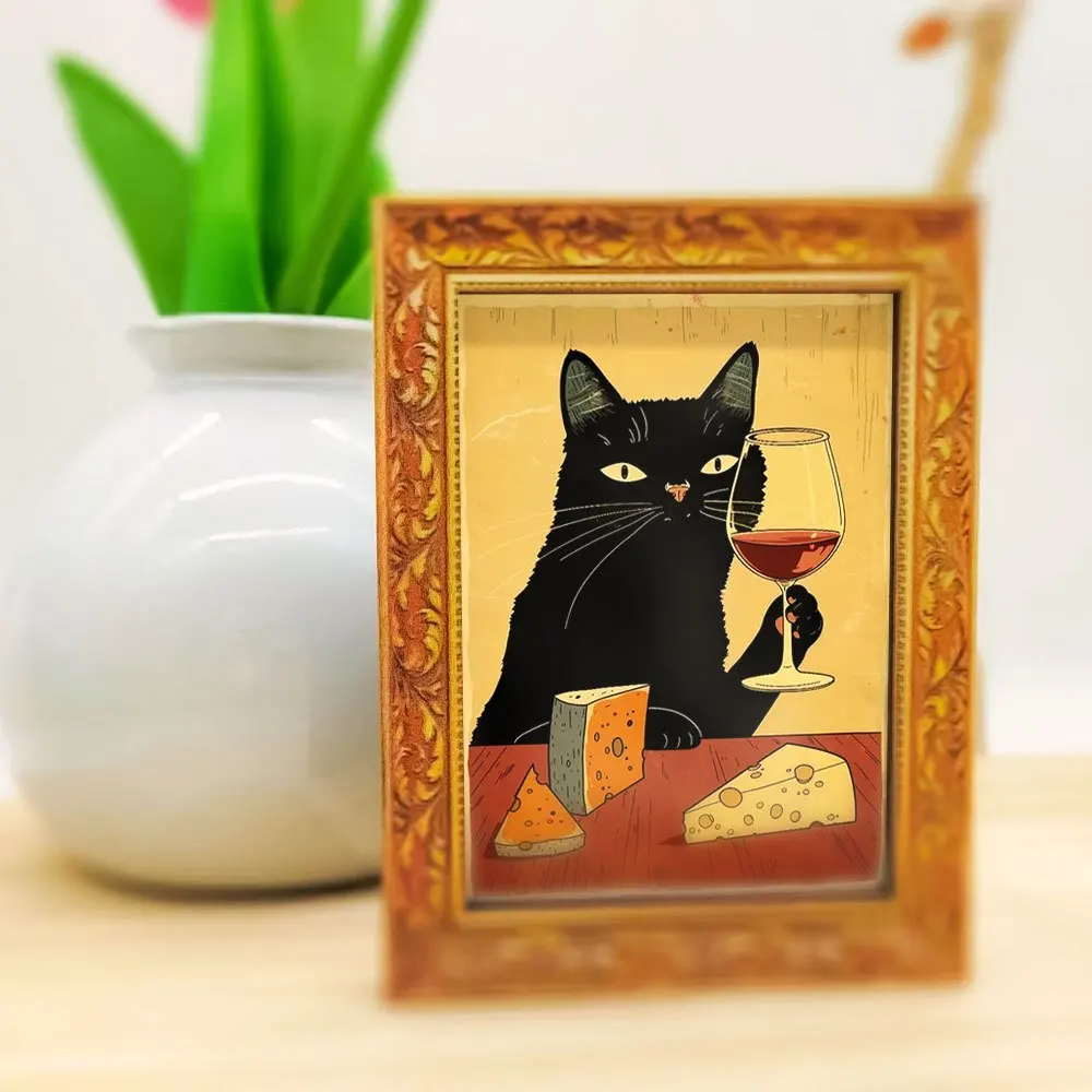 1 elegant black cat fridge magnet, wooden mini wall hanging, cat wine tasting design, fun wooden magnet, creative home decor