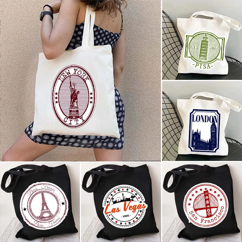 London Paris Bangkok Pisa Amsterdam New York Tanzania Cairo Las Vegas Passport Stamp Girl Casual Shopper Canvas Tote Bag Handbag