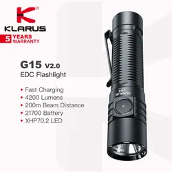 Klarus G15 V2.0 Portable EDC Flashlight, 4200 Lumens 200m Beam Distance, 21700 Battery, Fast Rechargeable, for Camping, Hiking