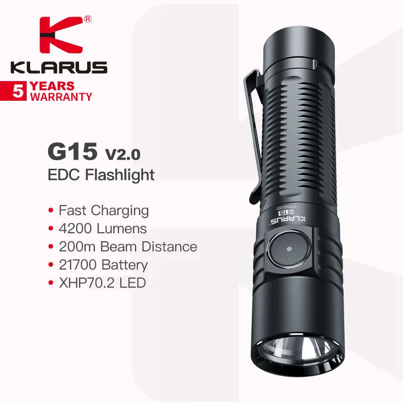 lanterna portatil edc 4200 lumens 200m distancia do feixe 21700 bateria rapido recarregavel para acampar caminhadas klarus g15 v20 01