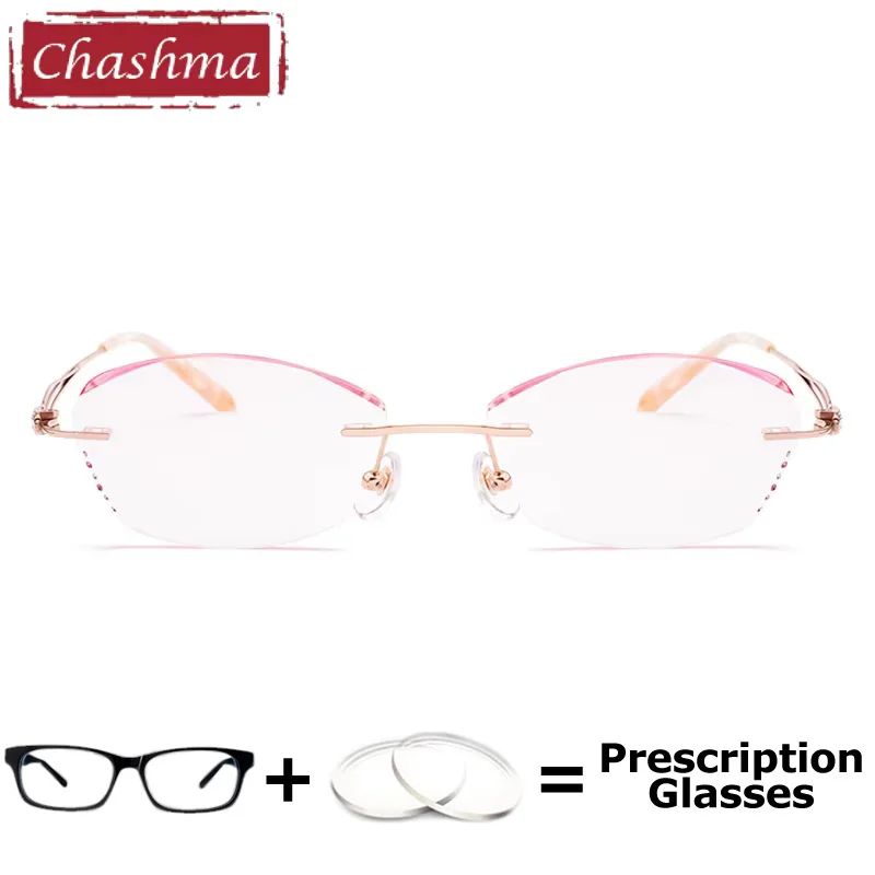 Chashma Fashion Women Pure Titanium Rimless Prescription Ready Eyeglasses Diamond Trimmed Glasses Female Stylish Spectacles