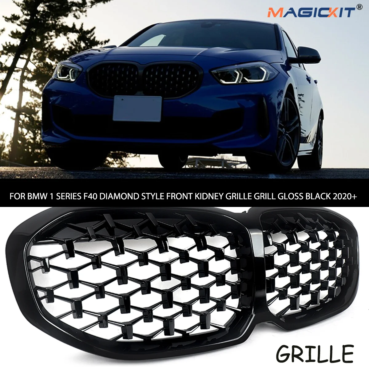 

MAGICKIT Front Bumper Grille Grill FOR BMW 1 SERIES F40 DIAMOND STYLE FRONT KIDNEY GRILLE GRILL GLOSS BLACK 2020+ ABS Accessorie