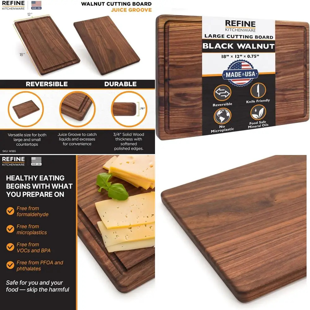 

Reversible 18x12 Inch Walnut Butcher Block with Juice Groove, Natural Heavy-Duty Kitchen Cutting Board, Made in USA