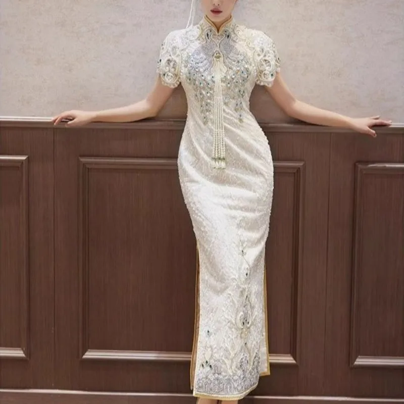 

New Chinese Improved Cheongsam Light Luxury Heavy Industry Embroidery Retro National Style Engagement Dress Bride's Return Dress