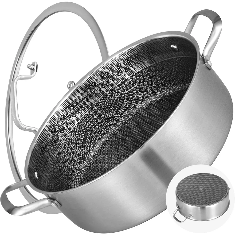 

7 QT Tri-Ply Stainless Steel Non Stick Sauté Pan with Lid,12 Inch Deep Frying Pan,Large Skillet,Jumbo Cooker,Induction Oven