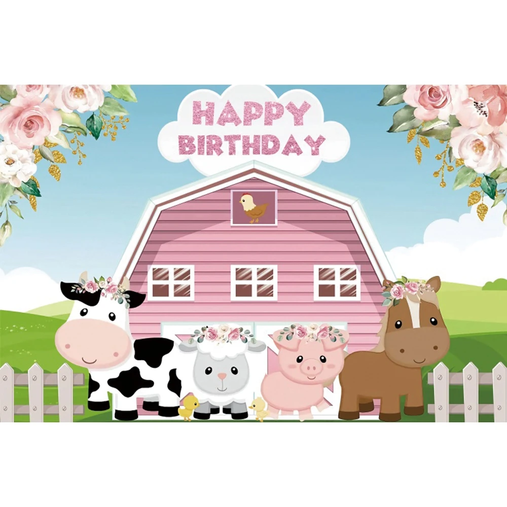 كارتون مزرعة الحيوانات حفلة خلفية طاحونة سياج خشبي الوليد الطفل عيد ميلاد خلفية للتصوير ديكورات راية