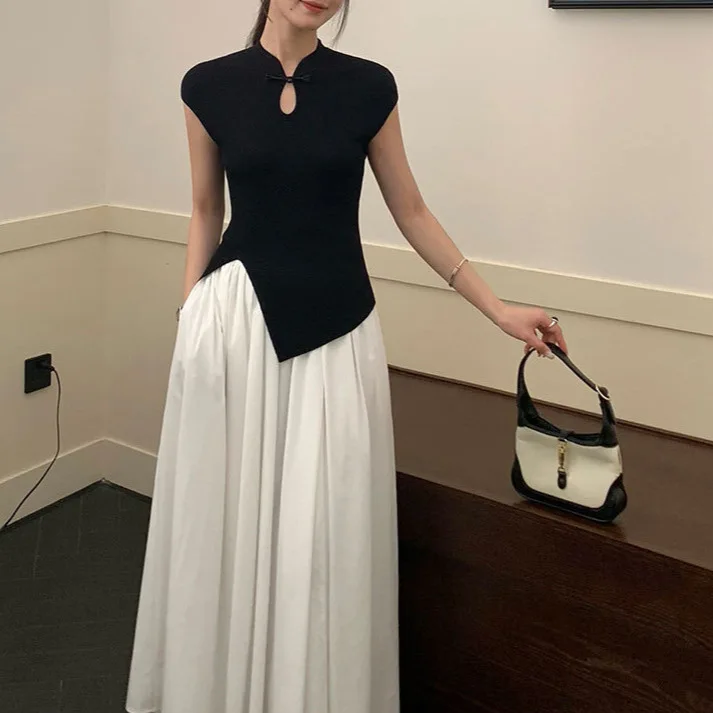 

7812, осень-зима, новый китайский национальный стиль, Cheongsam, воротник, полый, неровный подол, дизайн, утягивающий талию, вязаный топ