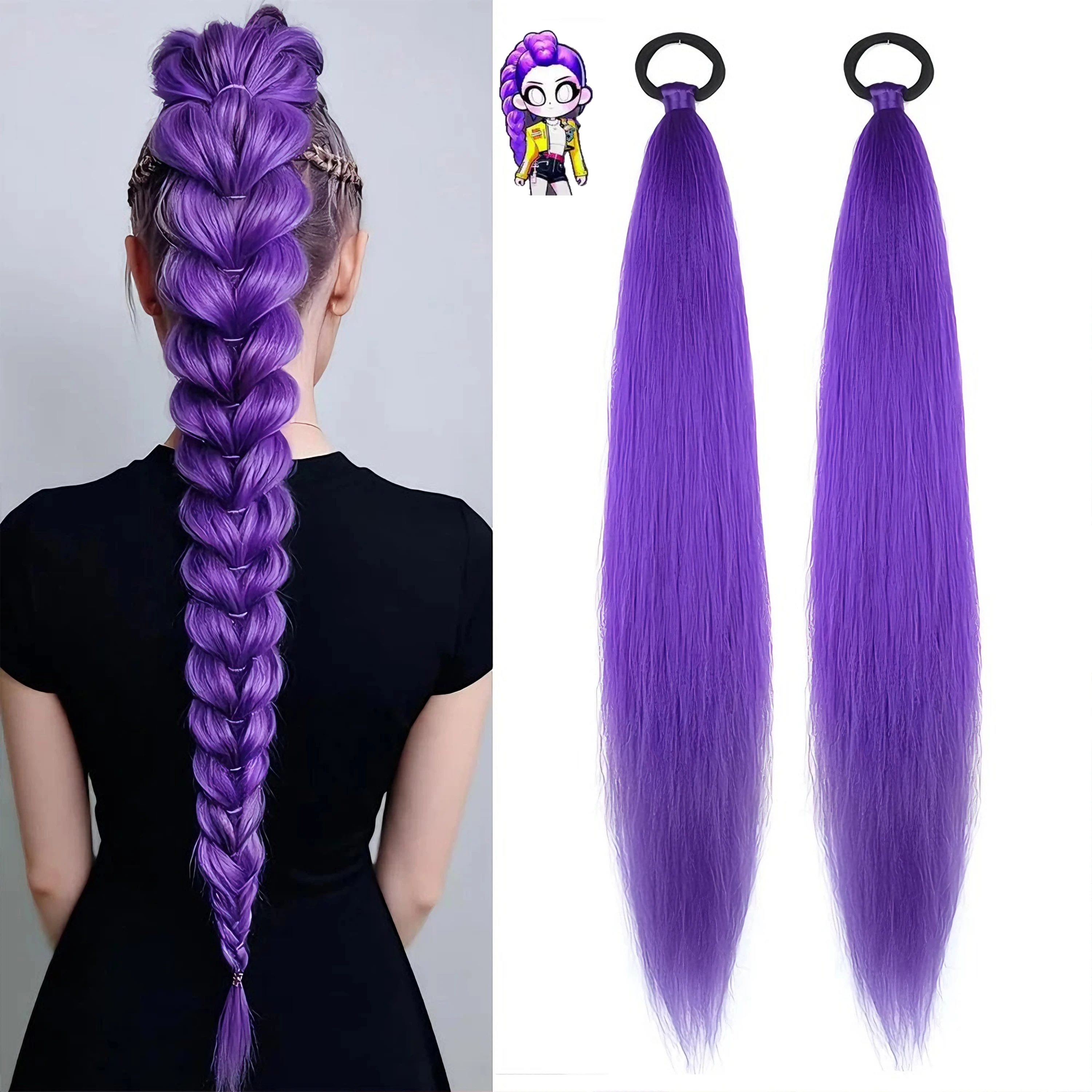 Synthetisch gevlochten paarse haarextensies paardenstaart kostuum kapsel lange paardenstaart met clips voor kinderen meisjes Halloween Kerstmis