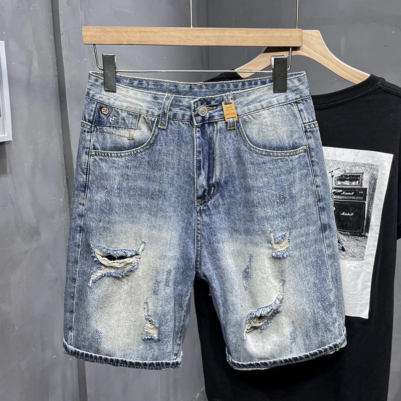 2024 Summer Ripped Denim Shorts Men's Thin Stretch Breathable Fashion Brand Pants High-End Casual All-Match Cropped Pants