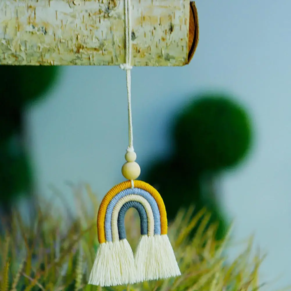 

Bohemian Car Charm Handmade Rainbow Tassel Car Charm with Wooden Beads Diffuser Vibrant Rearview Mirror Hanging Accessory Kids