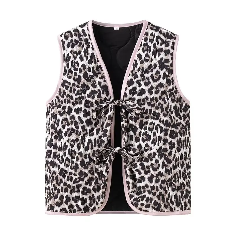 ZAURA 2024 Summer New French Short Leopard Pattern Pink Edge Bow Decoration Sweet Pressed Cotton V-neck Vest