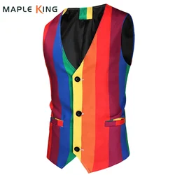 Mens Sleeveless Suit Vests Fashion Rainbow Striped Print Buttons Blazer Waistcoat Male Plus Size Formal Business Jacket Vest 4XL