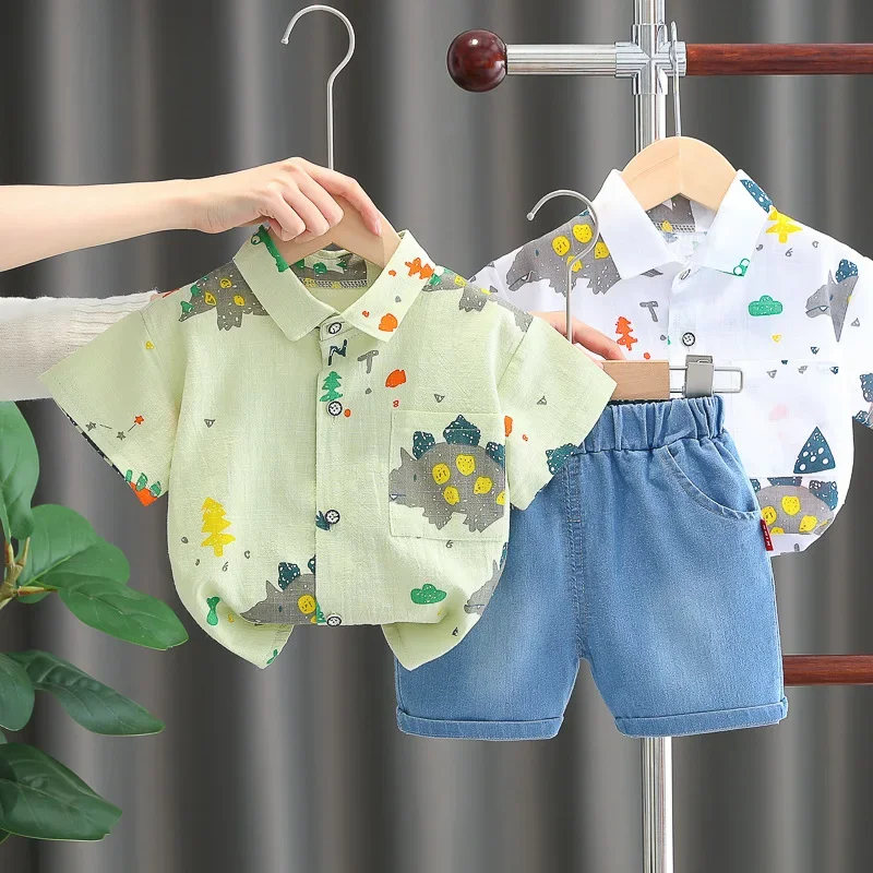 Nueva ropa para bebés, trajes de verano para niños de 9 a 12 meses, camisas y pantalones cortos de manga corta con estampado de dinosaurio bonito, traje para niños