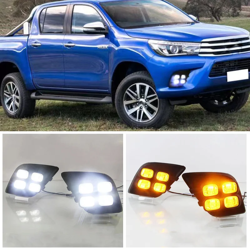 

Дневные ходовые огни для Toyota Hilux Revo Vigo 2015 2016 2017 DRL, Стайлинг автомобиля, противотуманная фара 12 В с желтым сигналом