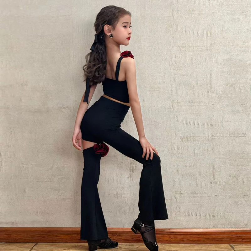 

Girls' Chacha Rumba high-end practice costume, Latin dance costume, black flower Latin dance long pants set, performance costume