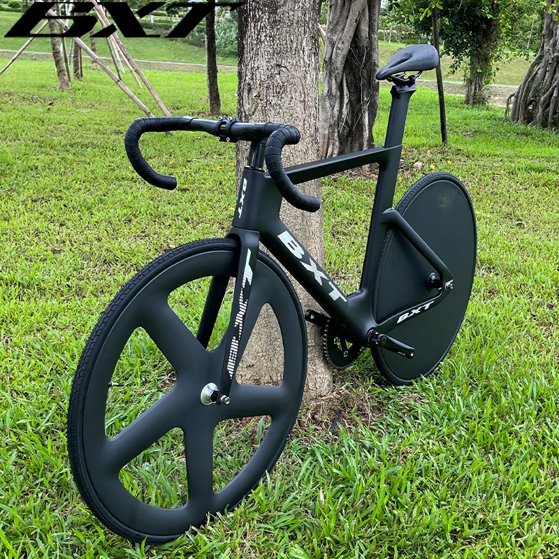 BXT Bike Track Complete Bicycle Carbon Fiber Fixed Gear Bicycle 53T Single Chainring Carbon Track Bike Closed Wheel Time