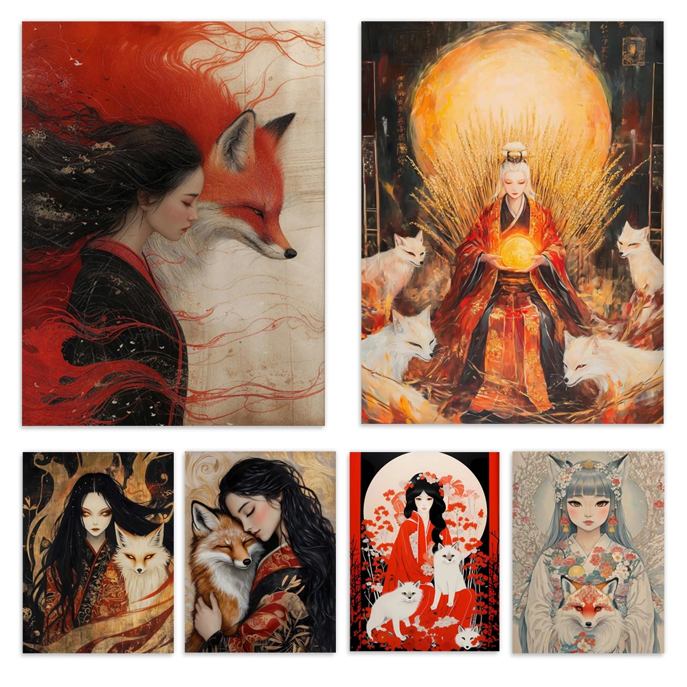Impresión Inari Okami, arte Inari, dios Inari, mitología japonesa, diosa de la zorro japonesa, arte de pared femenino sagrado, cartel Art Nouveau