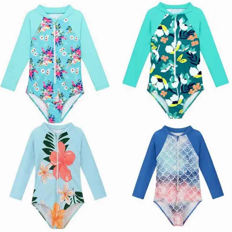 Kids 2-8 Years old Baby Girl Swimsuits Summer Floral Long Sleeve Zipper Jumpsuit Swimwear Beachwear Bathing Suits