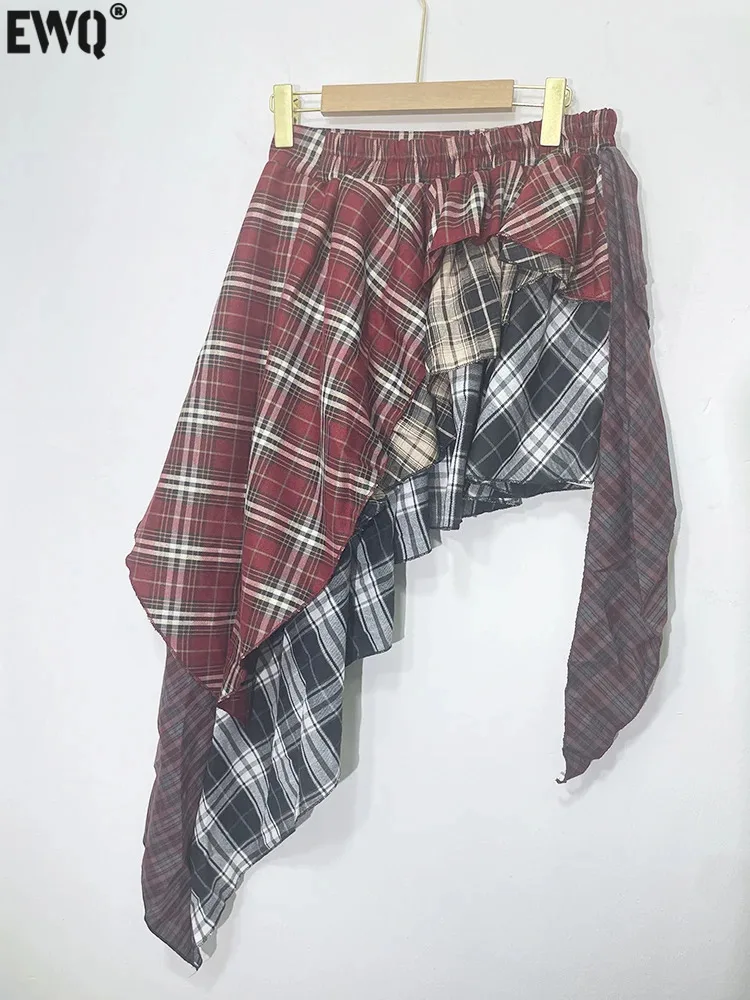 [EWQ] Streetwear High Waist A-line Skirts Vintage All-match Clothing Irregular Patchwork Red Plaid Design Skirt Faldas 16U9037