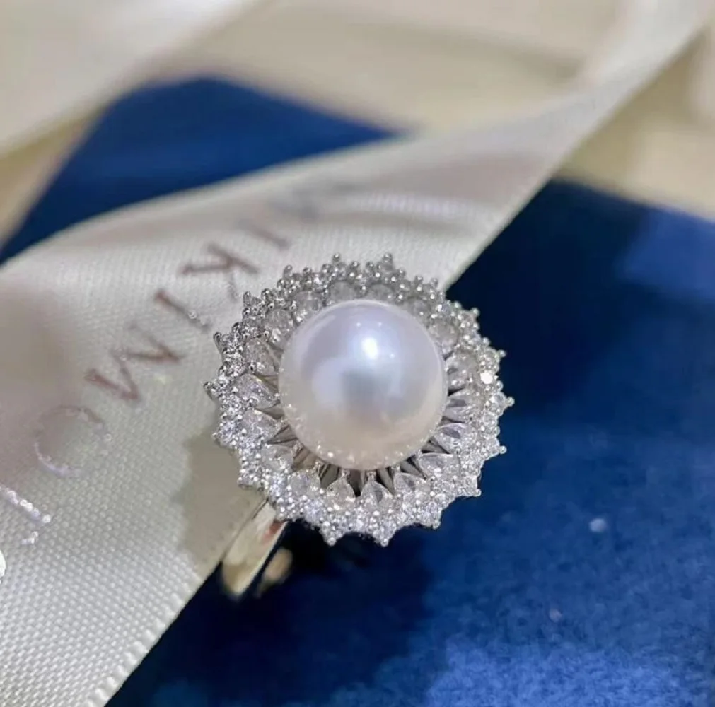 

Gorgeous and exquisite pearl ring AAA9-10mm natural South Sea round white pearl ring 925s