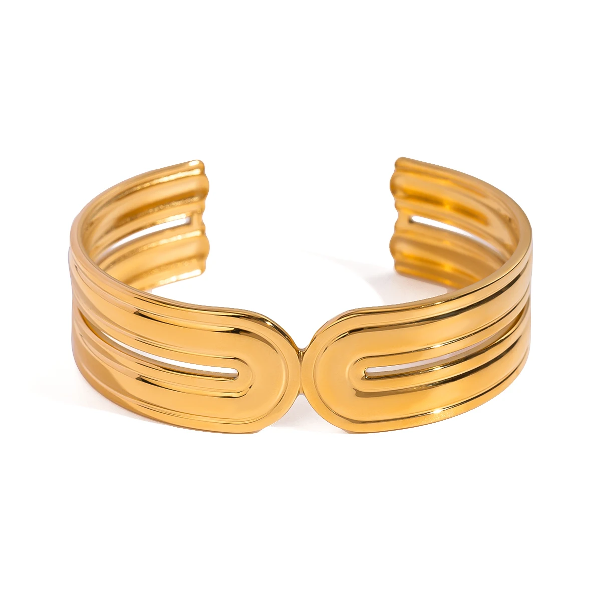 18k Gold Plated Stainless Steel Irregular Ribbed Hollow Bracelet ​Open Bangle ​Women Charms Metal​ Anti Allergic Bijoux Jewelry