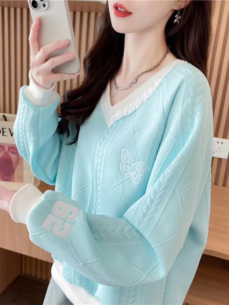 Primavera Autunno Dolce Top morbido Ragazze Alla moda Allentato scollo a V in pizzo con volant Bordo in rilievo Farfalla Digitale Fresco Pullover casual