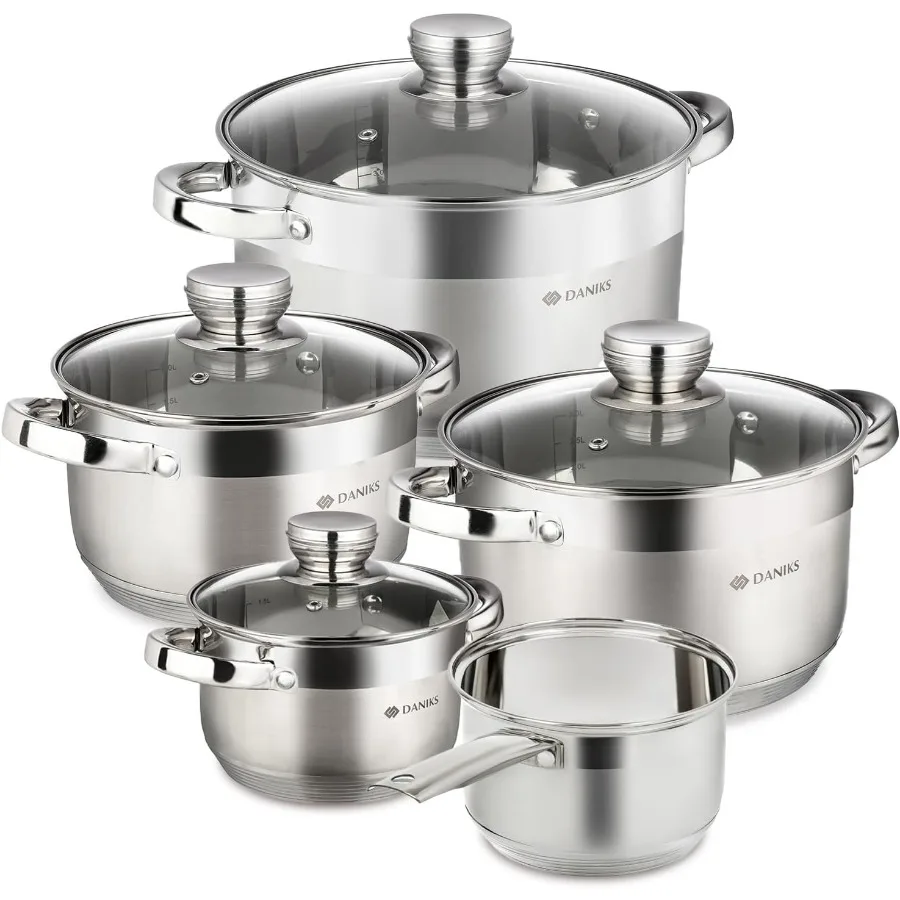

Standard 9-Piece Stainless Steel Induction Cookware Set, Saucepan, Dishwasher Safe Pots, Measuring Scale, Glass Lids, For Soup,