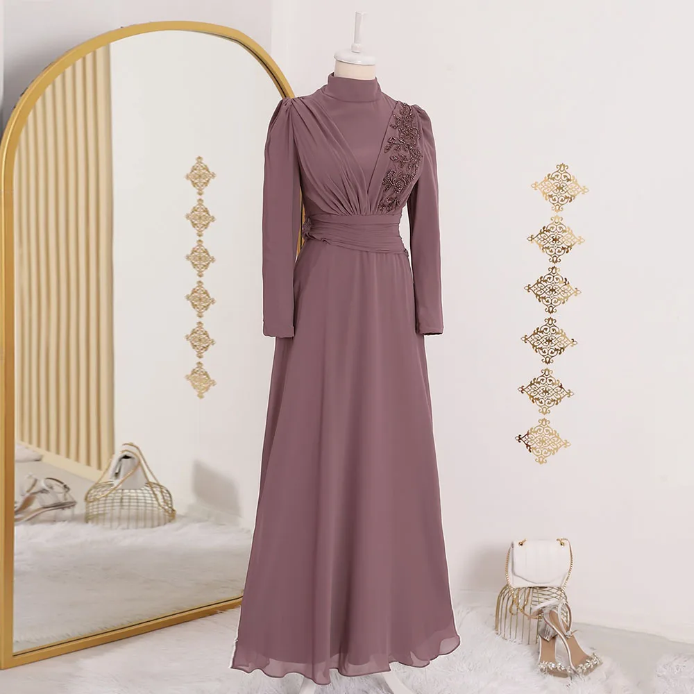 Abiti da sera classici per le donne collo alto maniche lunghe in pizzo Applique abiti da ballo in Chiffon a-line lunghezza del pavimento Robes De Soirée