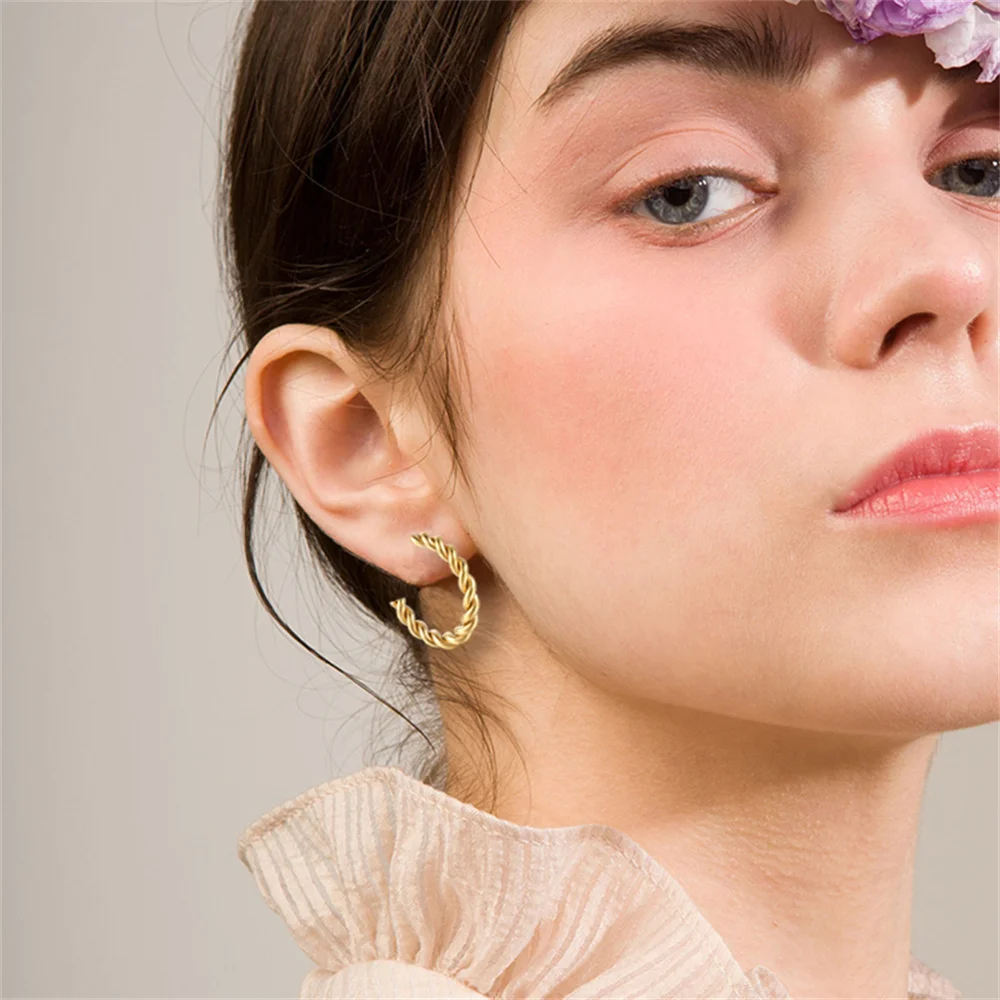 1Pair Korean Women's Twisted Earring Gold Color Stainless Steel Letter C Charm Pendent Stud Earrings For Women Jewelry Gift 2024 image 2