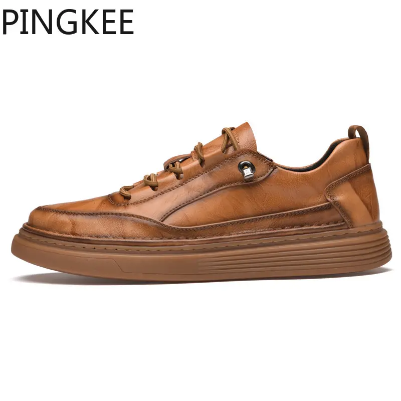 PINGKEE Male Sneakers Cowhide Leather Light Casual Sneaker Comfortable Shoes for Men Breathable Men's Lace Up SneakerS Shoes Men