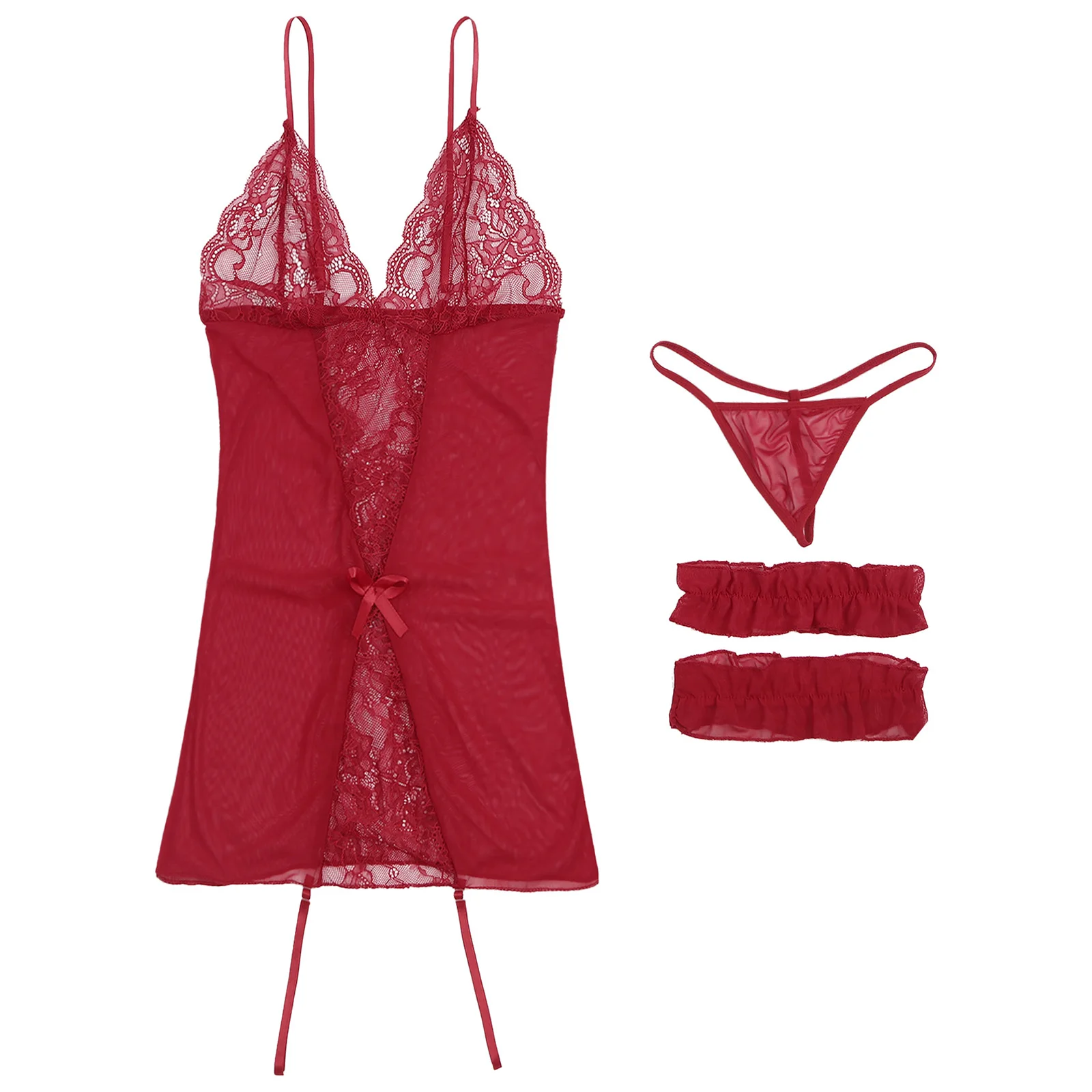 Set di biancheria intima di pizzo trasparente Sexy da donna Teddy Mini abito aderente con scollo a V e spalline con perizoma e anello per le gambe pigiama Outfit