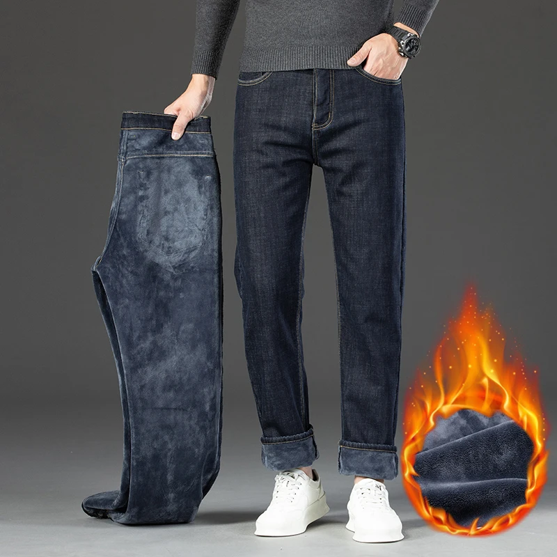 

Winter Thickened Fleece Jeans Business Loose Straight Trousers Baggy Pants Casual Elastic Men's Trousers Keep Warm Blue