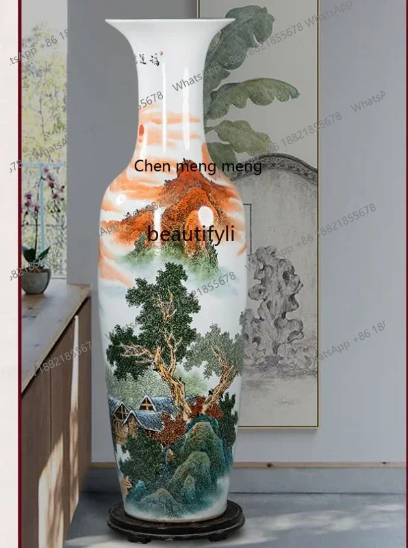 xz1Hand painted pastel large vase Jingdezhen ceramic Chinese ornament large living room hotel housewarming porcelain vaseK182