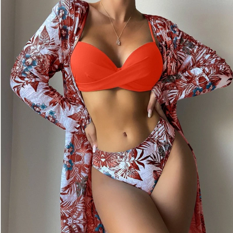 3 Piece Sexy Bikinis Swimwear Set Floral Print with Cover-up High Waist Swimming Sling for Women Summer Beachwear Bathing Suit