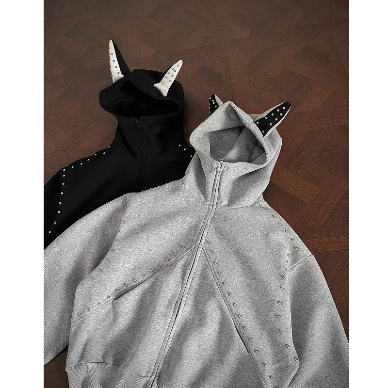 

Tide Street Rivets Ear Design Hooded Zipper Jackets Punk Style Men's Hoodie Jacket Loose Fit Couple Hooded Cardigan