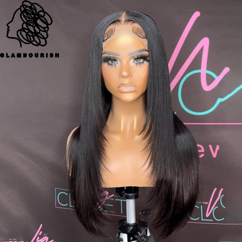 Layered Cut Straight Lace Front Human Hiar Wigs Natural Hairline 180 Density 4X4 HD Lace Closure Wigs PrePlucked with Baby Hair