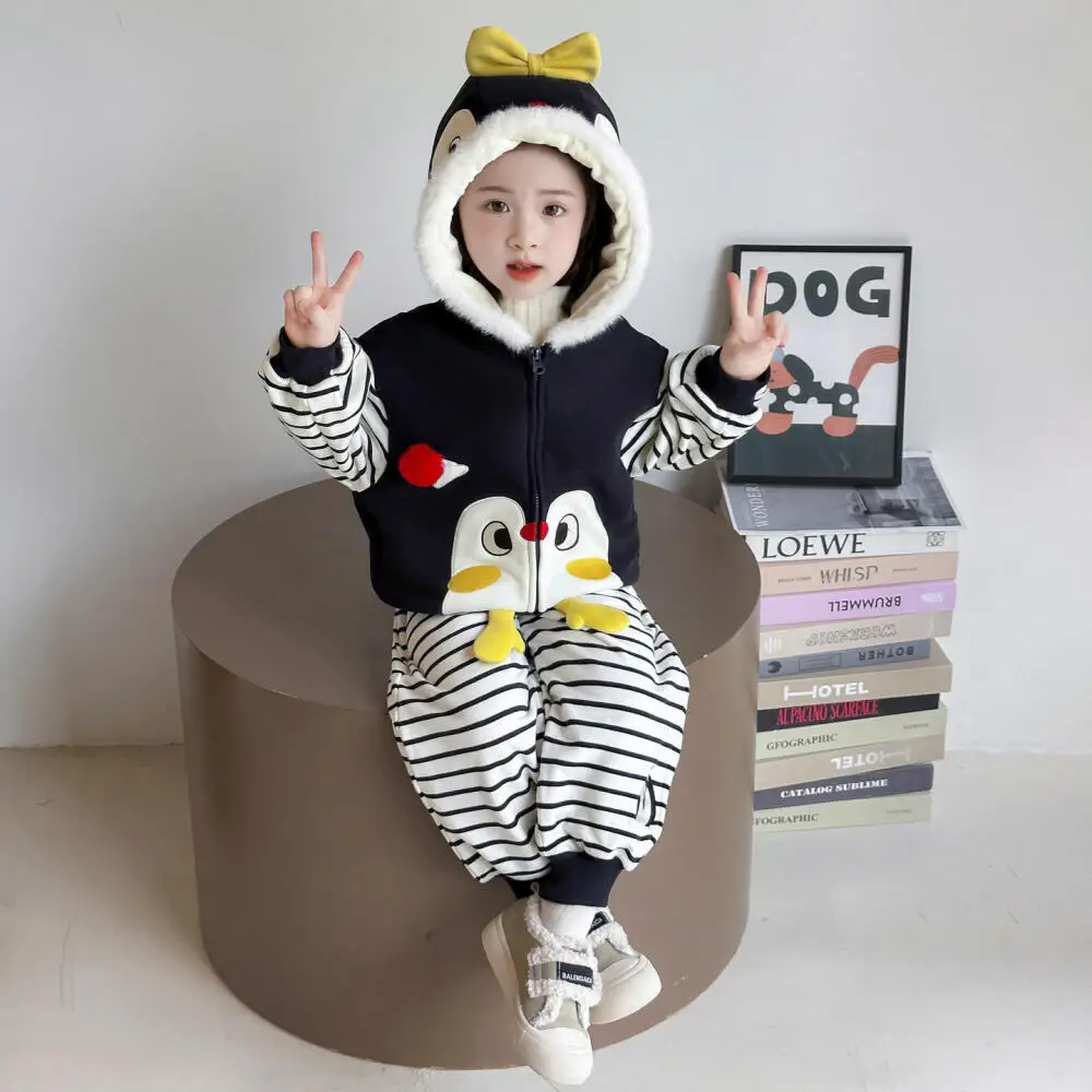 

Kawaii модная утепленная спортивная рубашка для девочек, комплект со штанами, студенческий зимний повседневный теплый свитшот, топы, комплект из 2 предметов, детская одежда