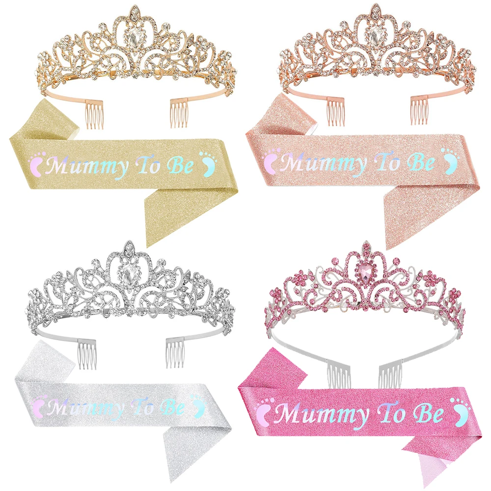 

Shiny Princess Crown With Satin Sash Dress Set Mother's Day Gift Baby Shower Supplies Mummy To Be Party Decoration Gender Reveal