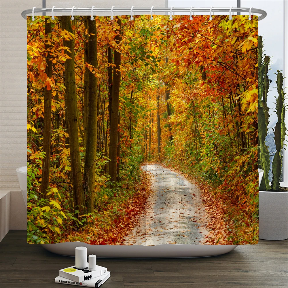 Autumn Fallen leaves Forest Scenery Shower Curtain Bathroom Curtain Printed Fabric Waterproof Bath Curtain Home Decor Curtains