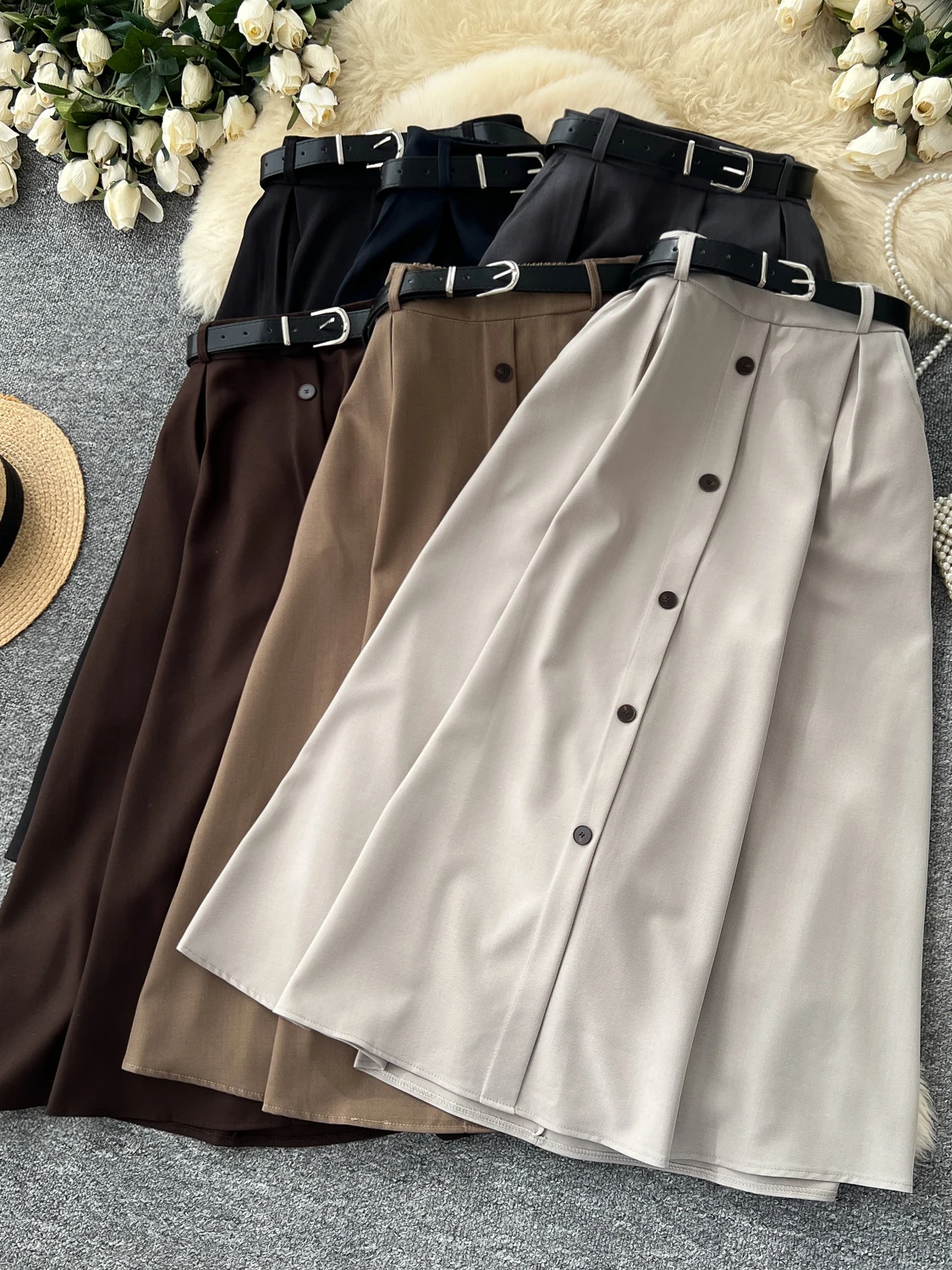 Korean Style Commuter High Waist A-Line  Skirt Women's Single Button Belt Elegant Lady Style Autumn Fashion 2026