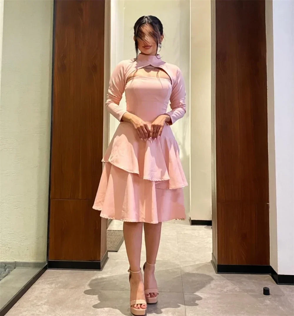 

Customized Prom Dress Saudi Arabia Simple Modern Style Formal Evening High Collar A-line Draped Tiered Knee-Length Satin Dresse