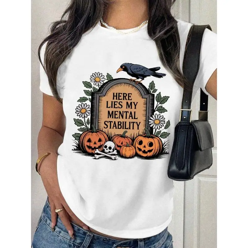 

Funny Halloween T-shirt Here Lies My Mental Stability Sarcastic Pumpkin Graphic Tee Spooky Gothic Top Spooktober Gift