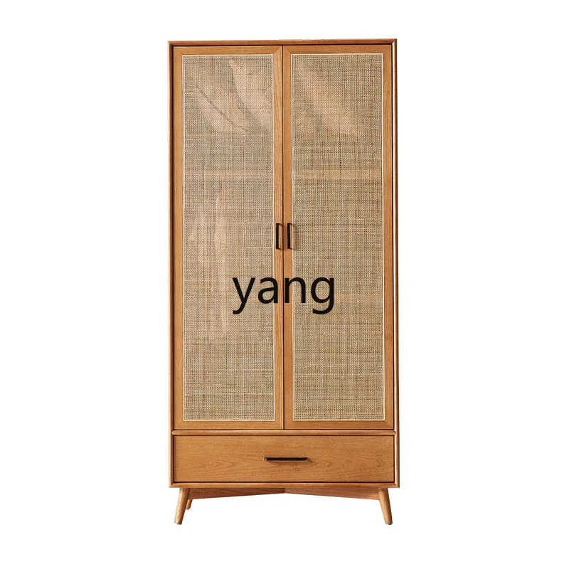 LH rattan solid wood wardrobe wabi wind bedroom home retro double door with pumping storage cabinet