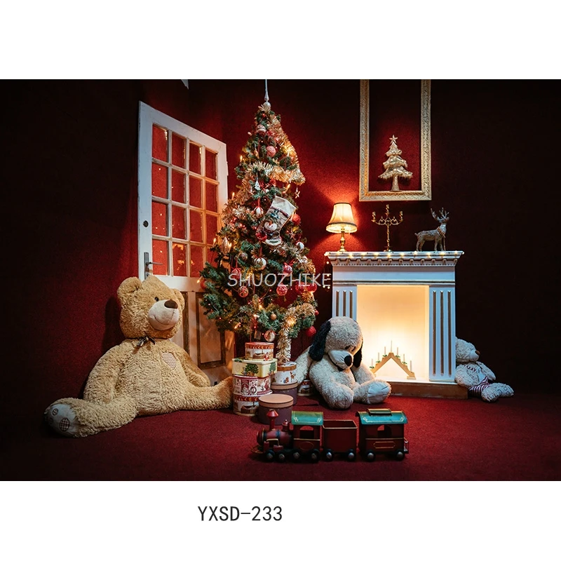 SHUOZHIKE عيد الميلاد موضوع داخلي التصوير خلفية شجرة عيد الميلاد الموقد الأطفال صورة لخلفيات الصور YXSD-08