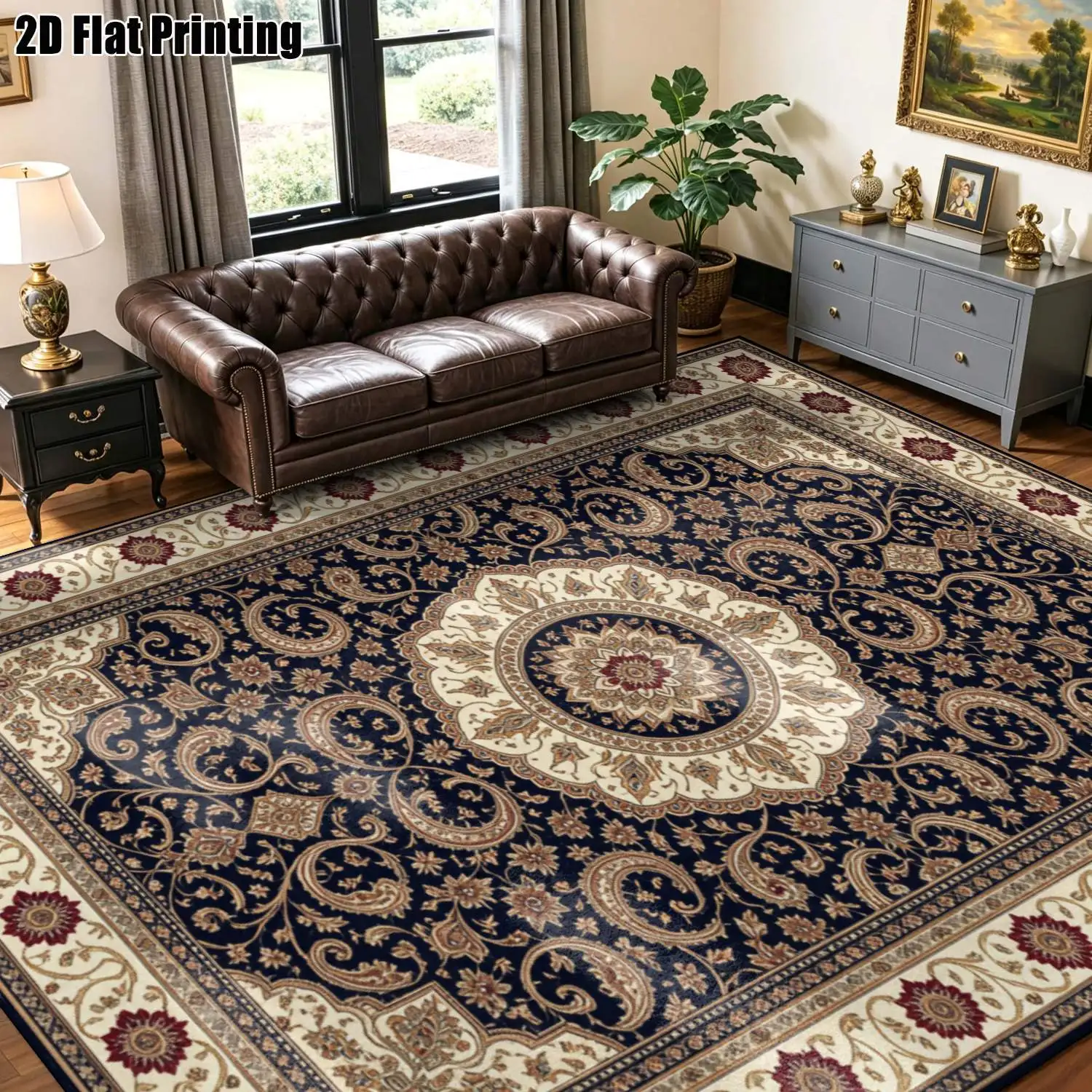 1Pc 2D Printed Carpet: Dark Blue & Off-White Retro Floral, European/Bohemian Geometric Floral Floor Mat Home Decor, Multi-Size, Machine Washable, for Entrance, Dining, Foyer, Bedroom, Living Room.
